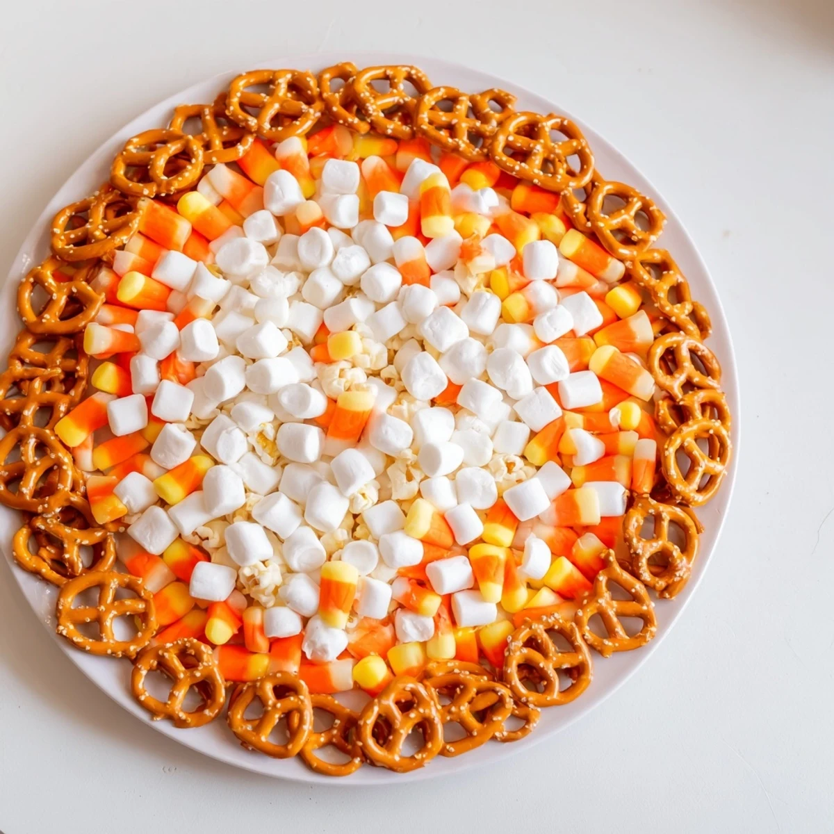 A beautifully arranged Candy Corn Spooky Board bursting with Halloween treats for easy snacking.