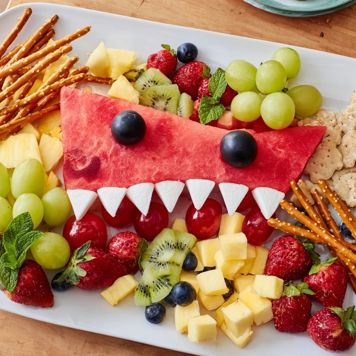 Vibrant Watermelon Wave Shark Snack Board features a carved watermelon shark and fresh summer fruits.