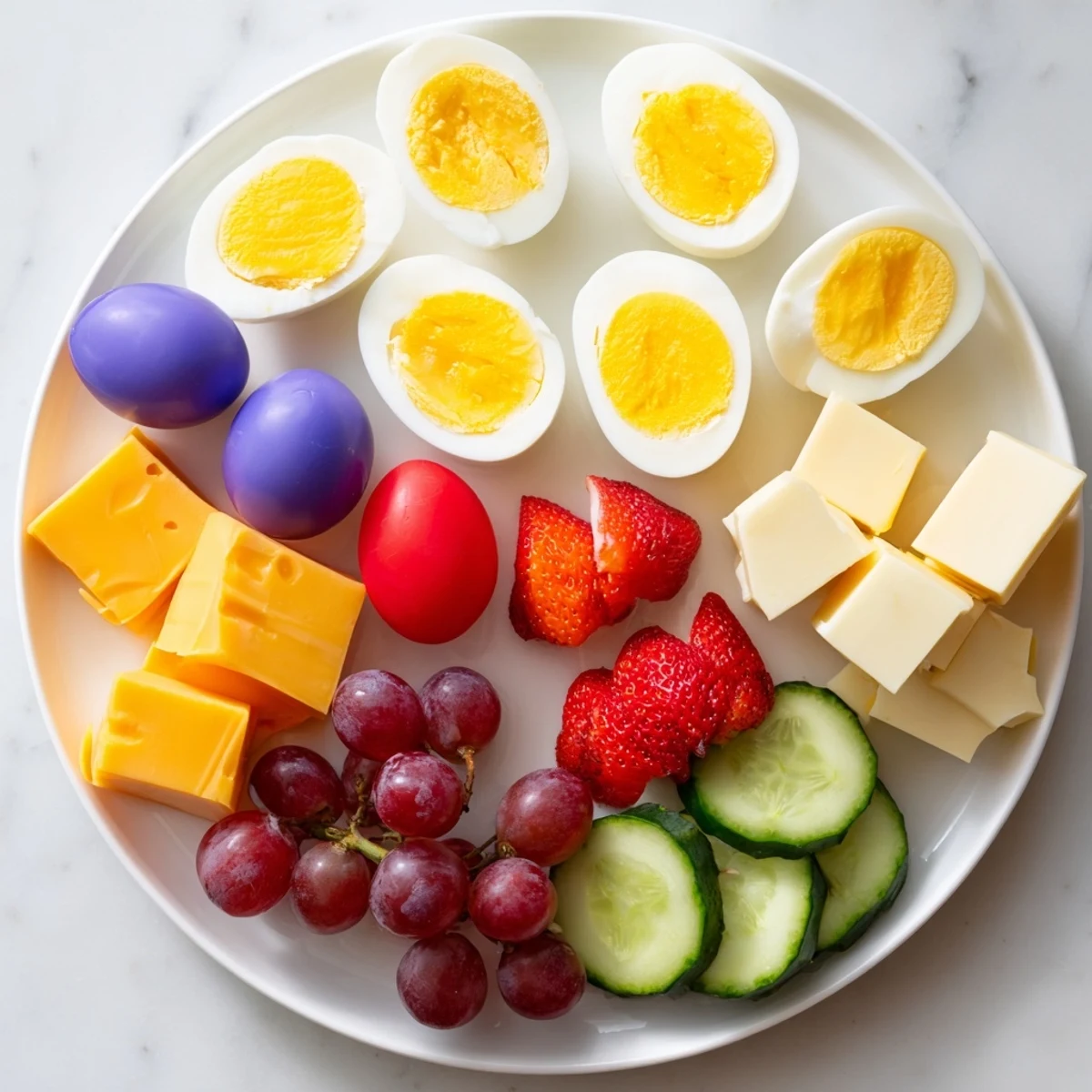 A colorful Easter Egg-cellent Brunch Board overflowing with fresh fruits, cheeses, and artisan breads for brunch.
