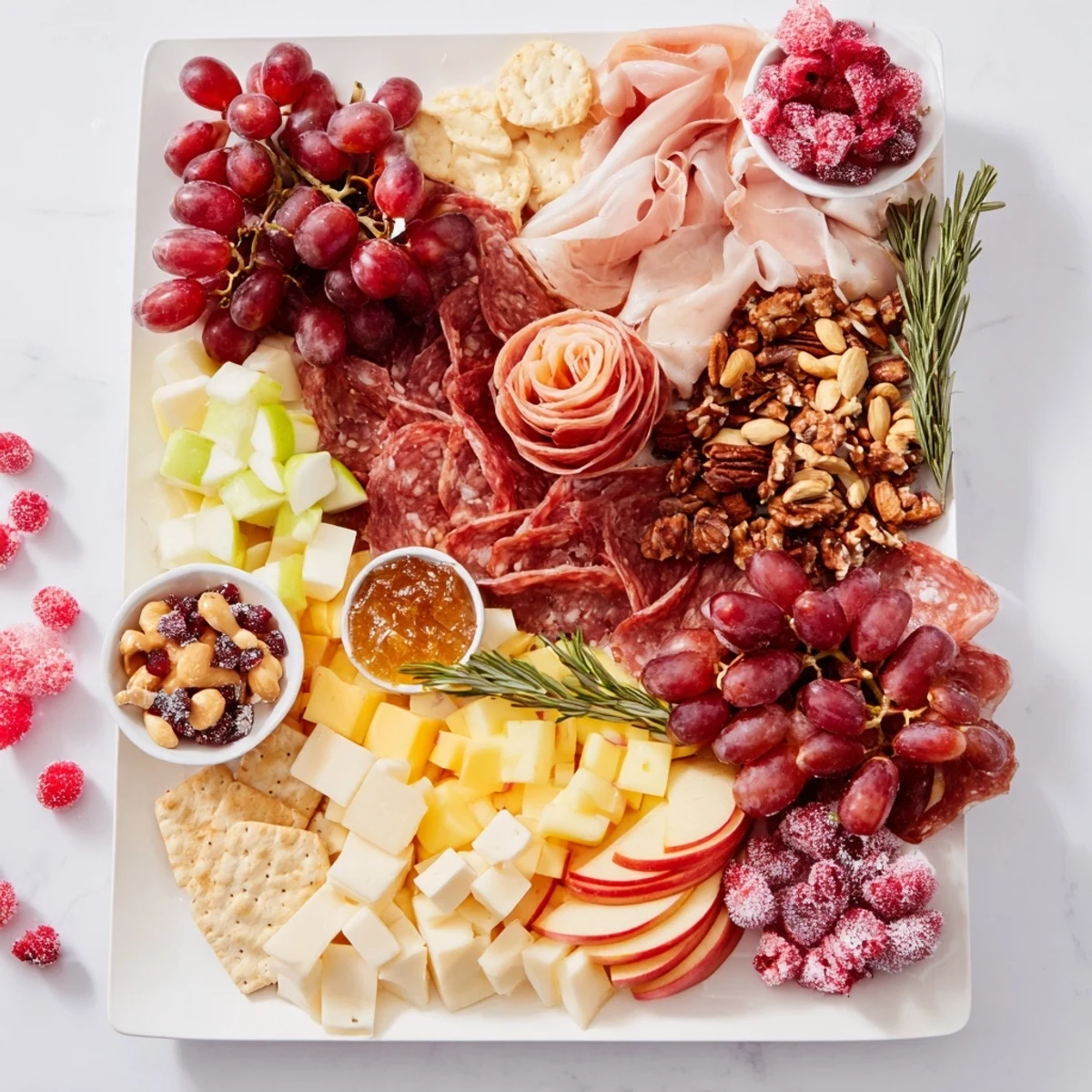 A vibrant, festive Sleigh Ride Charcuterie board overflowing with various cheeses, meats, fruits, and crackers.