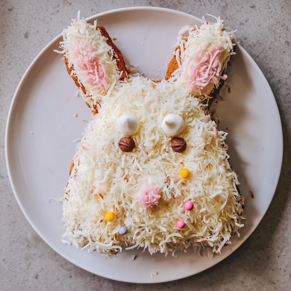 A festive Spring Bunny Carrot Cake decorated with fluffy white frosting, ready for serving.