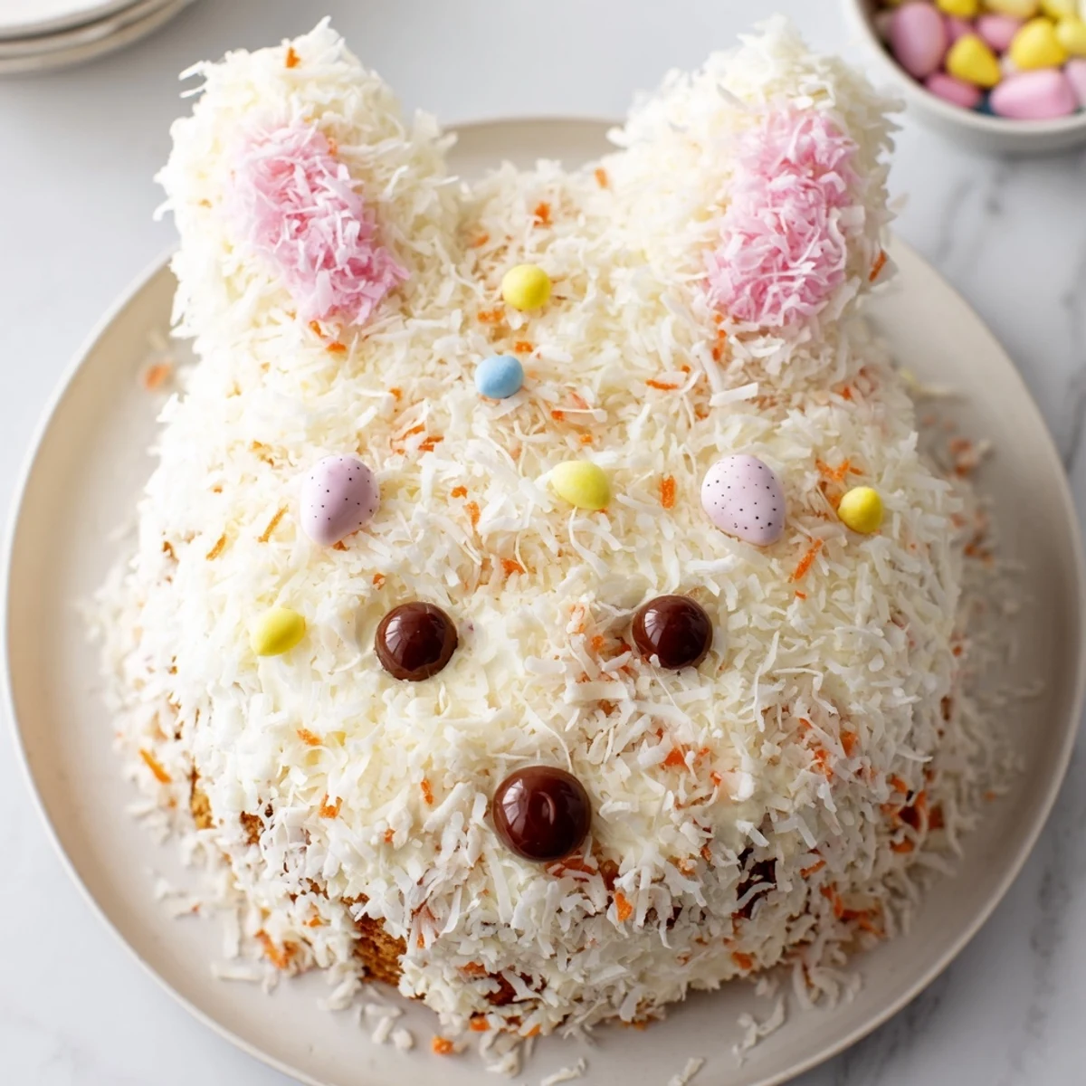 Whimsical Spring Bunny Carrot Cake with carrot face, ears, and tail displayed for Easter celebrations.