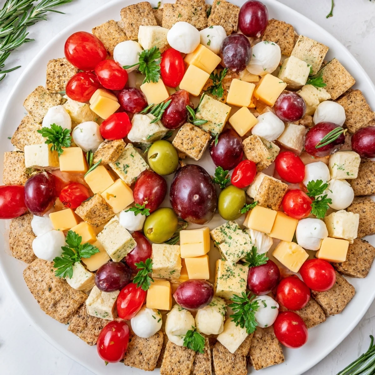 A vibrant Jingle Bell Cheese & Cracker Wreath, featuring colorful cheeses and holiday garnishes, ready to serve.