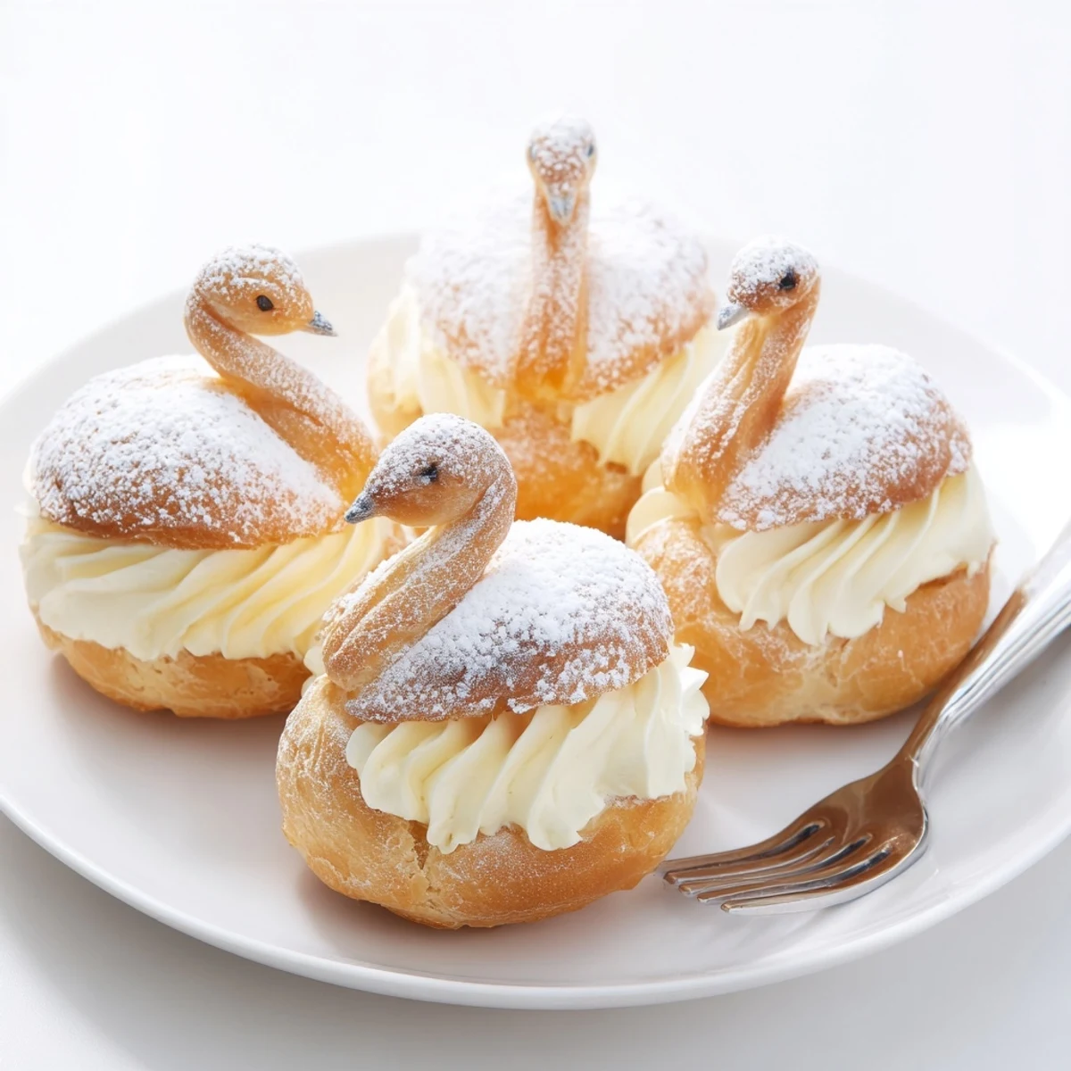 Delicate, sugar-dusted Elegant Swan Mini Pastries, with creamy vanilla filling, perfect for a special occasion.