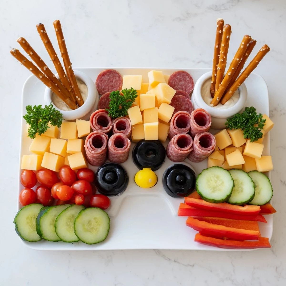 Game Night: Controller Shaped Snack Platter featuring colorful cheeses, meats, and veggies arranged playfully.