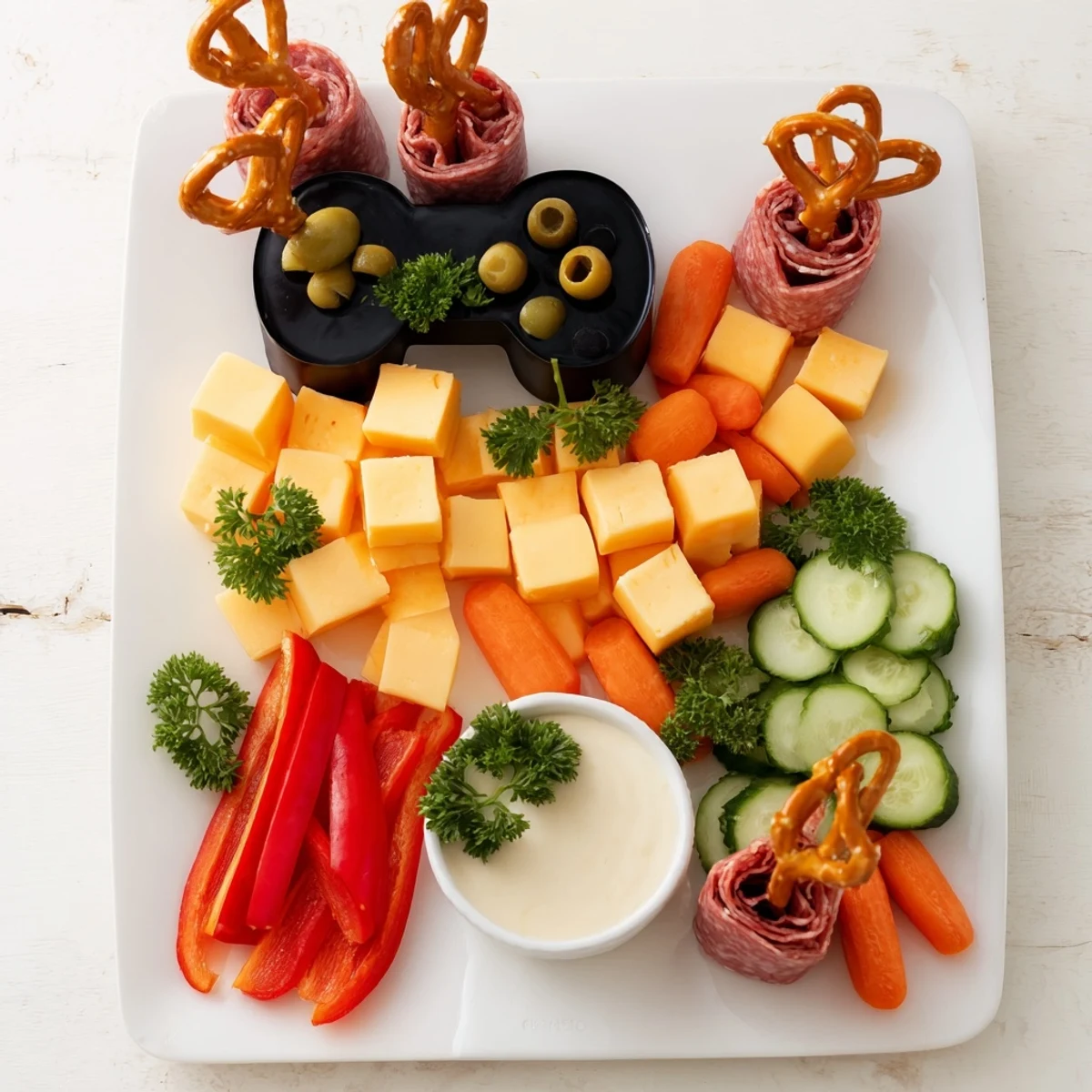 This Game Night: Controller Shaped Snack Platter offers a delicious assortment of snacks, shaped into a fun controller.