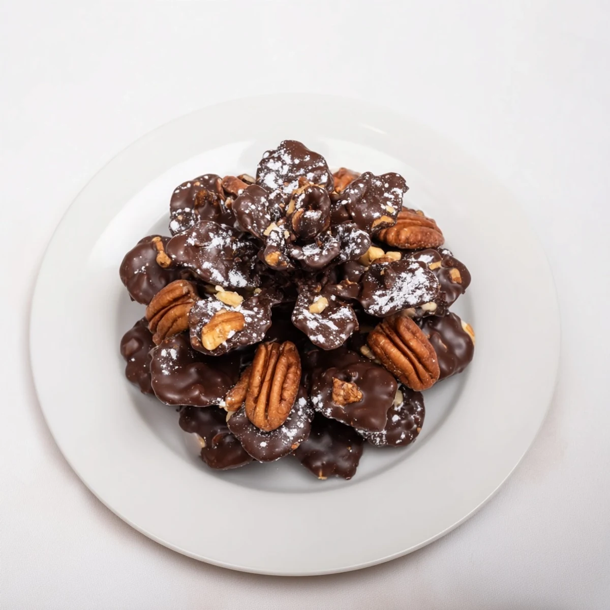 Warm and decadent pinecone chocolate nut clusters, a whimsical American dessert, ready to serve.