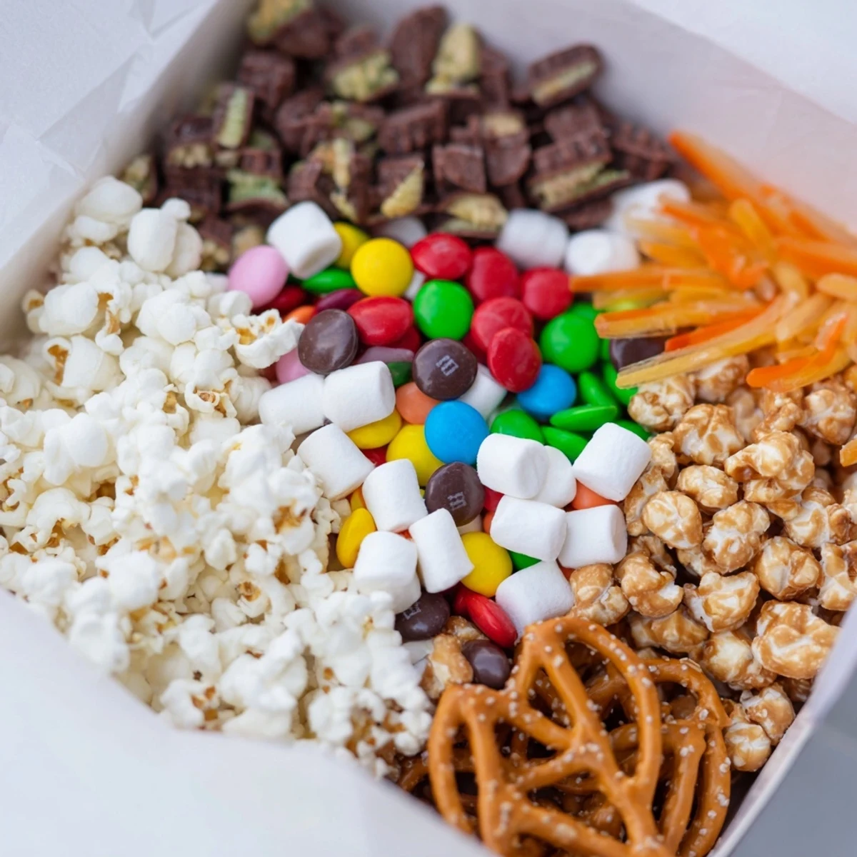 Movie night popcorn box treats overflowing with sweet and savory snacks, ready to enjoy.