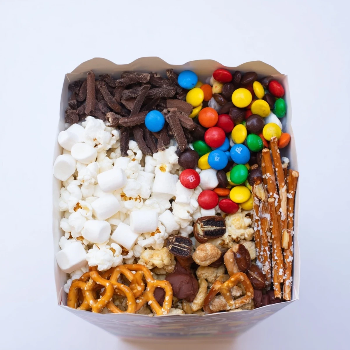 Filled popcorn boxes showcase a movie night treat display with colorful candies and crunchy pretzels.