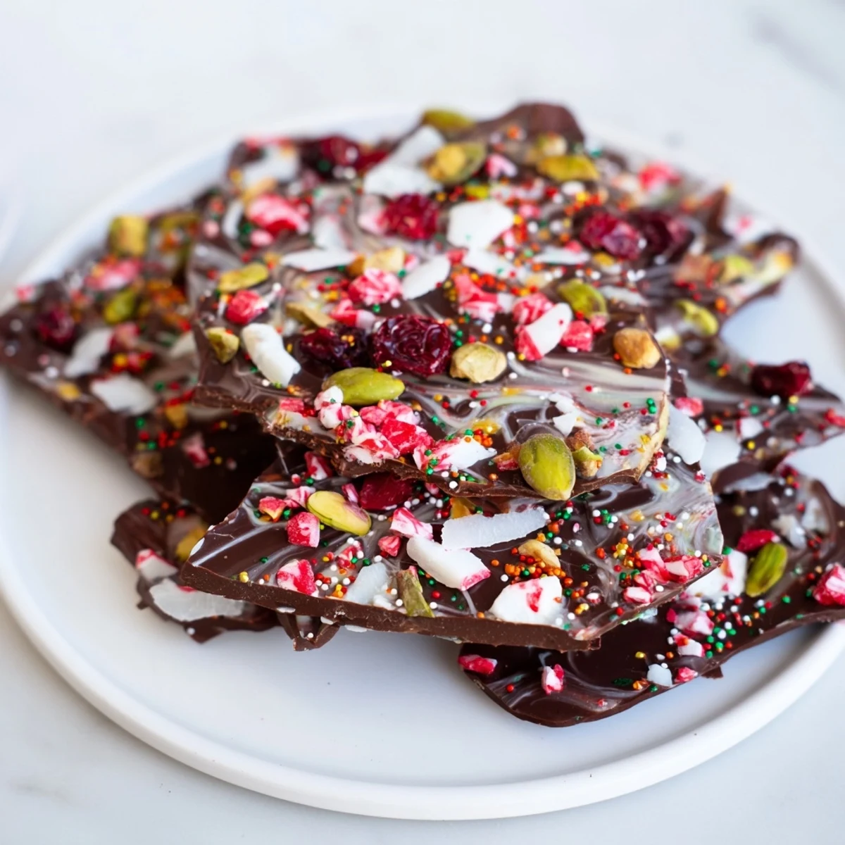 Vibrant shards of Holiday Bark display colorful toppings like cranberries and crushed peppermint.