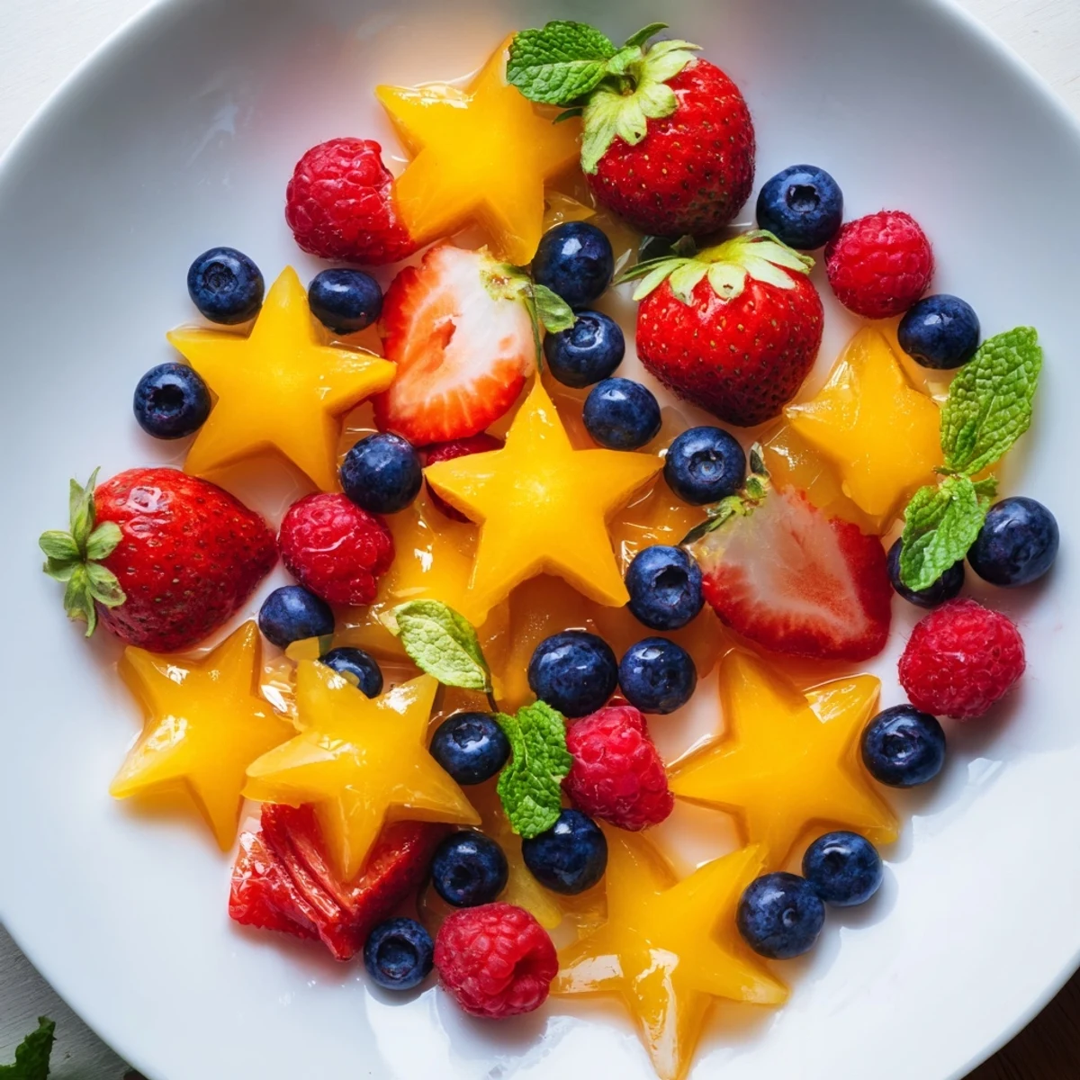 Fresh, colorful starfruit and berry platter arranged beautifully; a healthy, simple snack awaits.