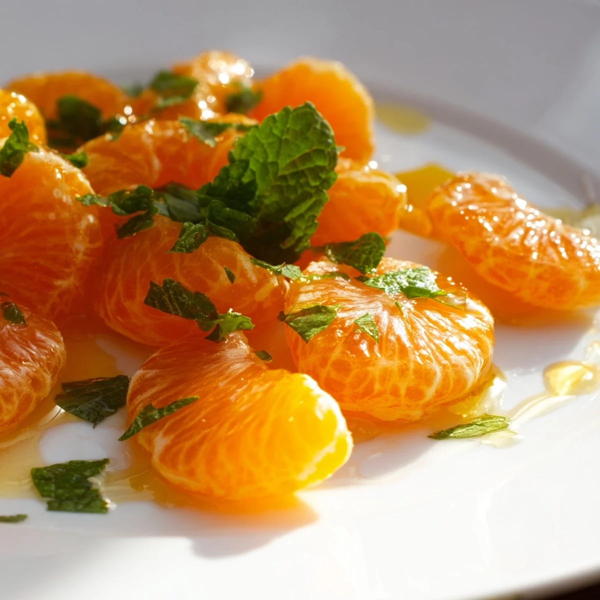 A close-up of a bright, healthy clementine and mint winter fruit salad, ready to be enjoyed.