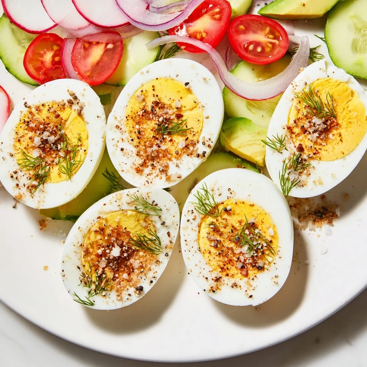 Brunch board featuring sliced, seasoned hard-boiled eggs surrounded by colorful vegetables and dips.