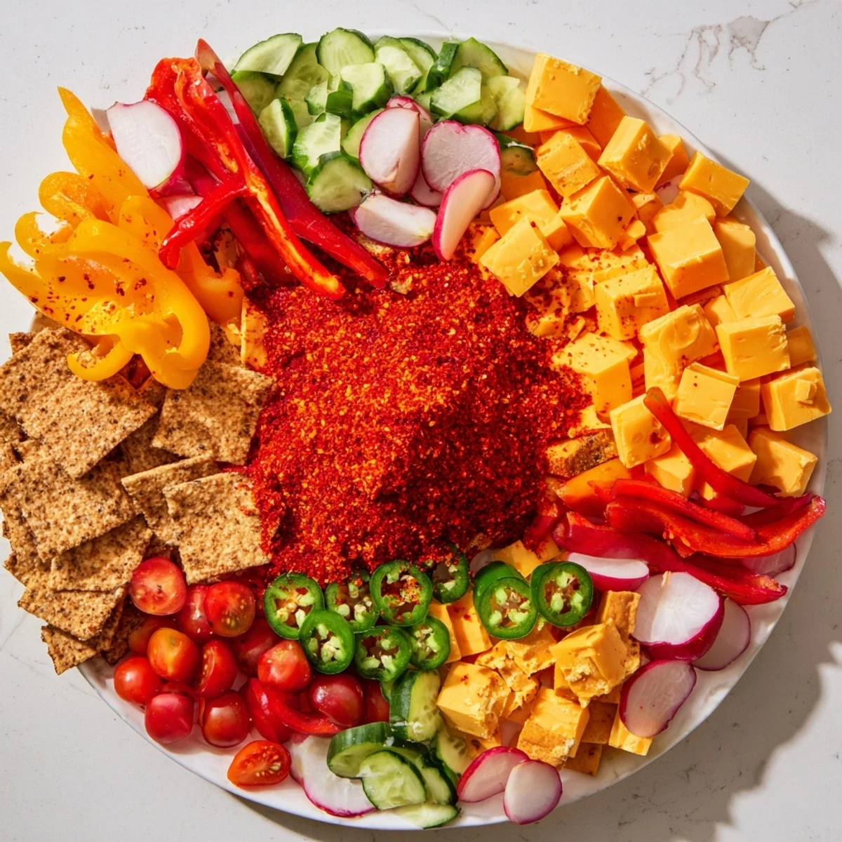 Visual delight: A Spicy Hot Take Platter bursting with colorful vegetables, cheeses, and spicy elements for serving.