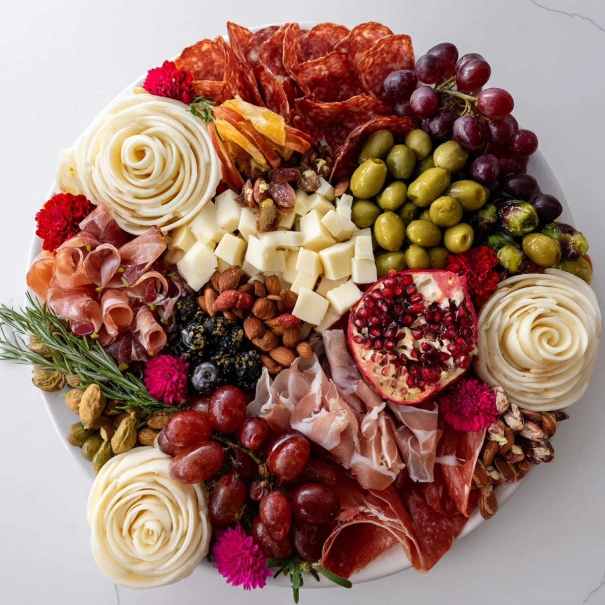 This Advanced Artisan Array boasts a maximalist display of cured meats, cheeses, and fresh fruits for serving.