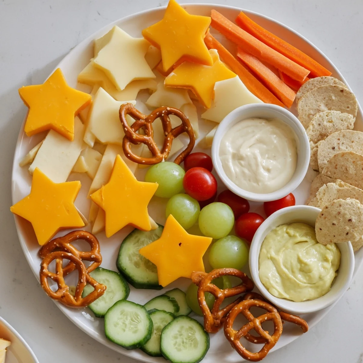 Kids Snack Adventure Map: a colorful platter with pretzel trails leading to cheesy shapes and dips.