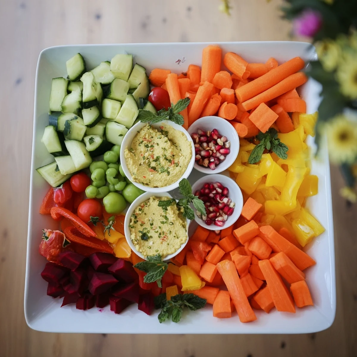 Vegan Global Gardener Platter with colorful veggies and creamy dips, ready for a healthy snack or party.