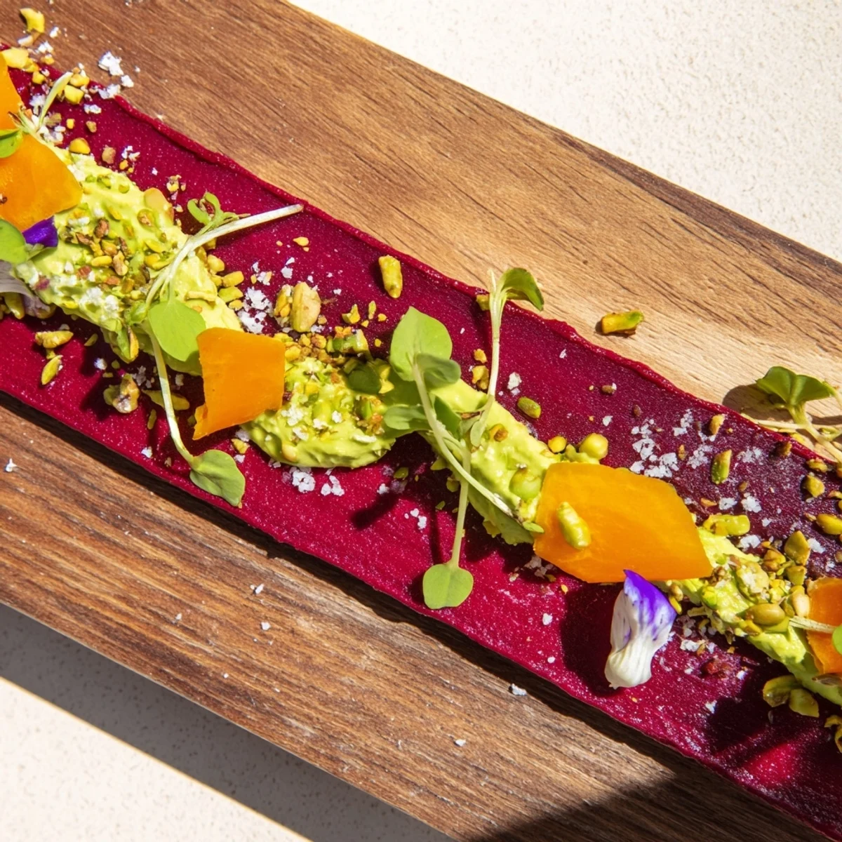 The Modernist Stripe features a vivid beet purée stripe with carrot, avocado, flowers, and pistachios.