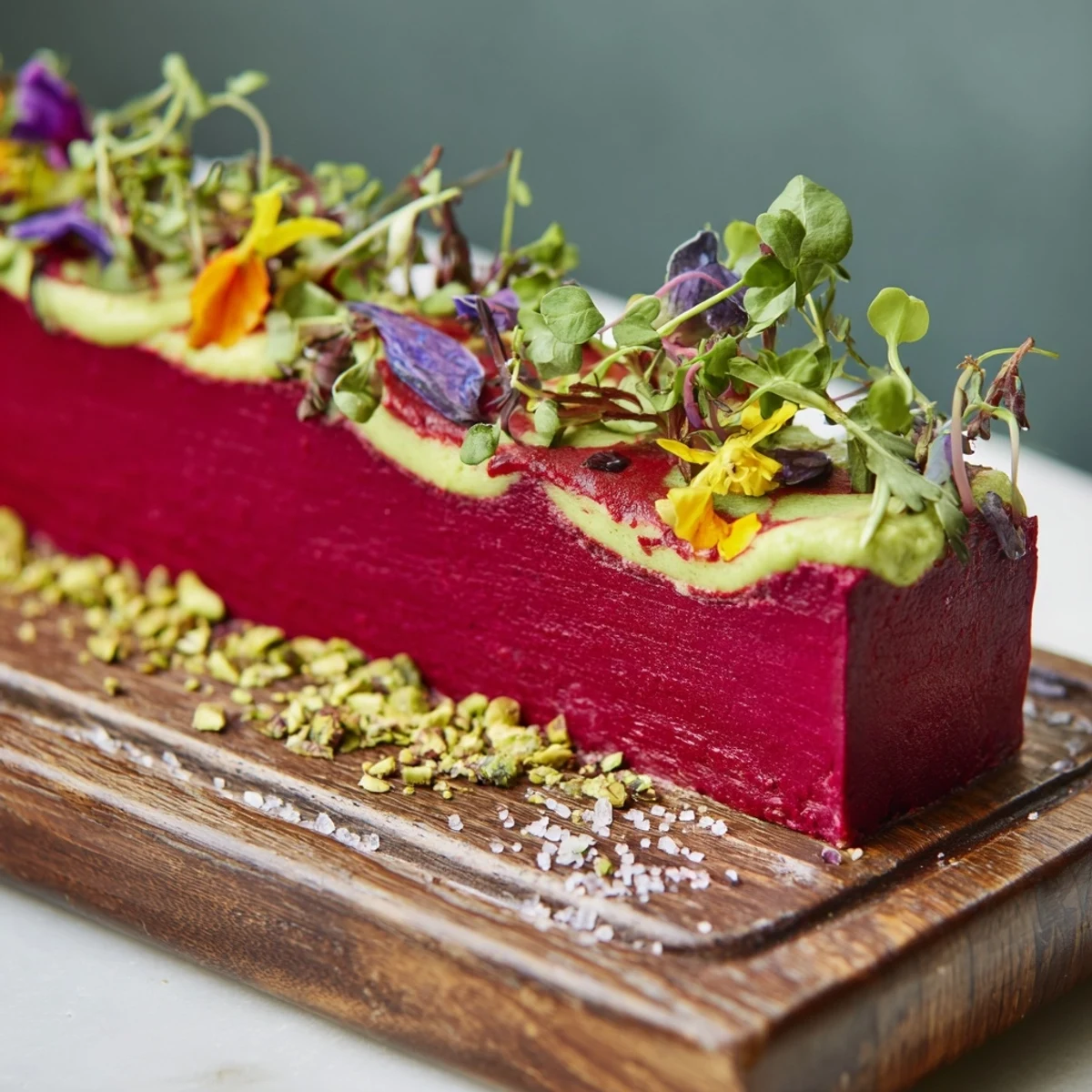 A visually stunning photo of The Modernist Stripe, showcasing colorful layered purées and artful garnishes.