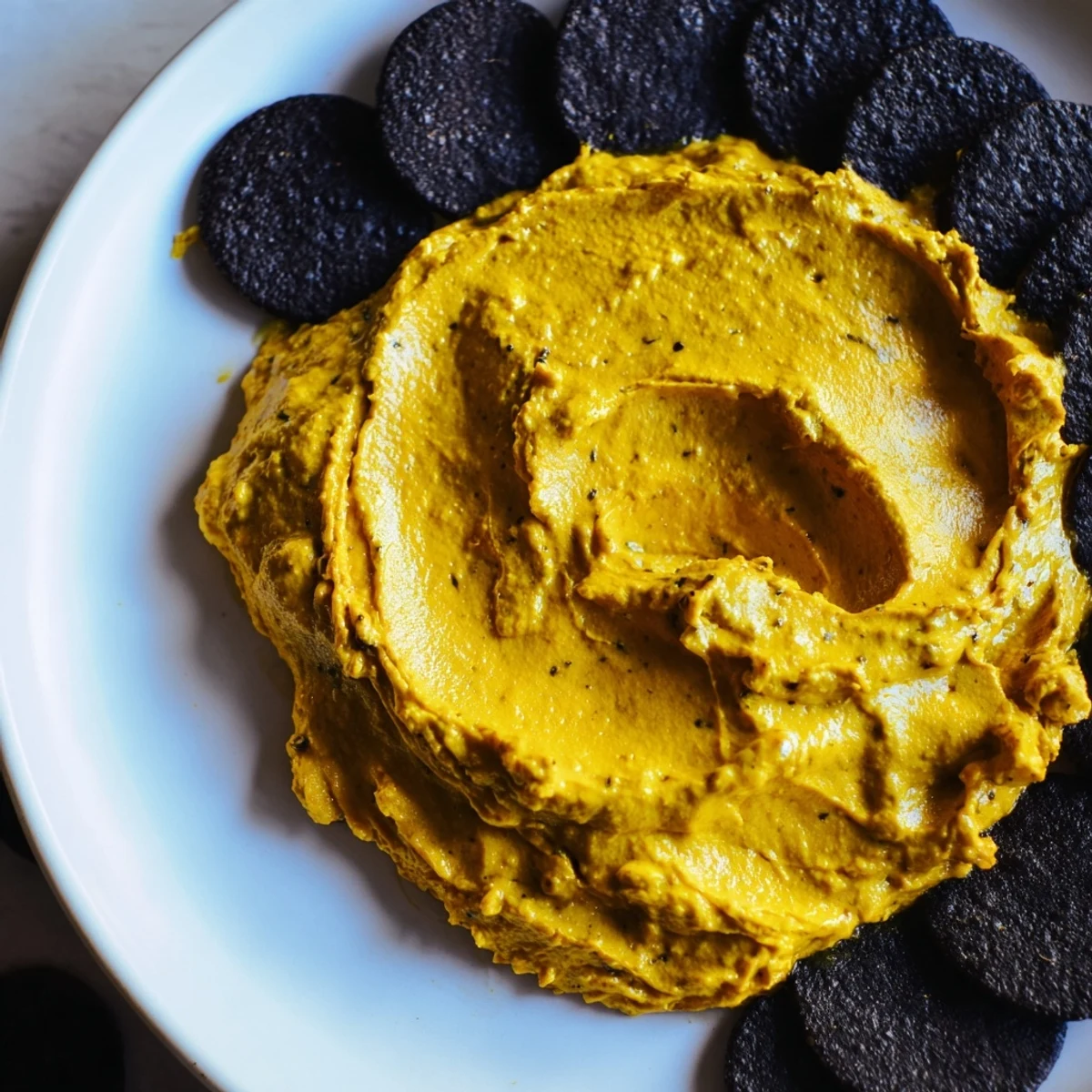 Picture of The Midnight Sun appetizer: creamy carrot dip encircled by dark charcoal crackers.
