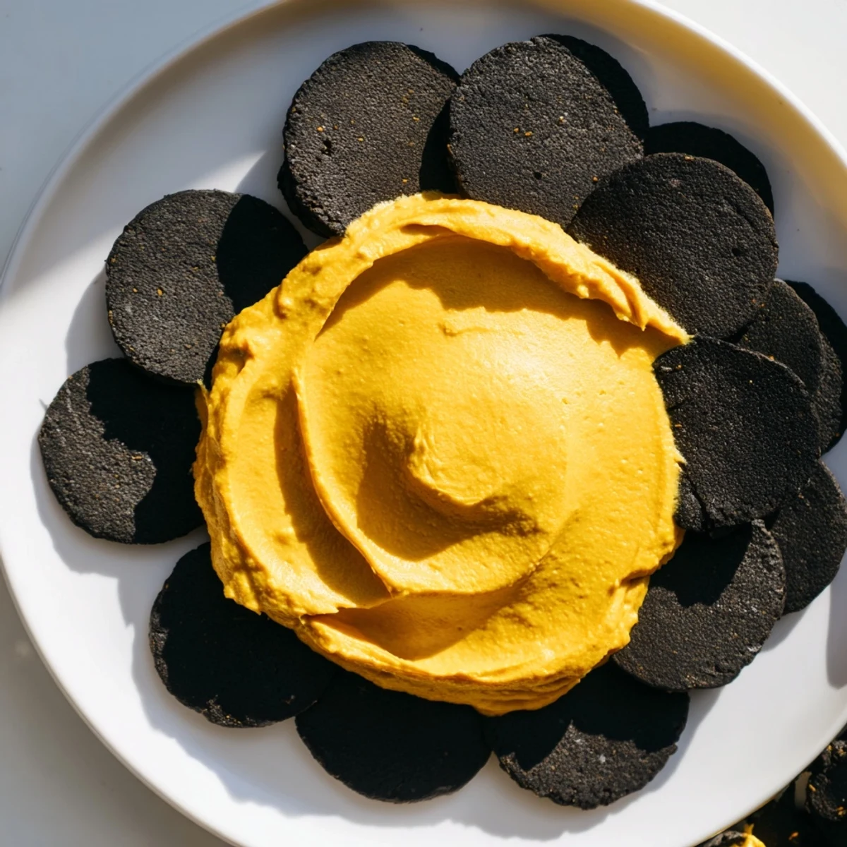The Midnight Sun appetizer visually showcases a vibrant, creamy carrot dip with contrasting black crackers.