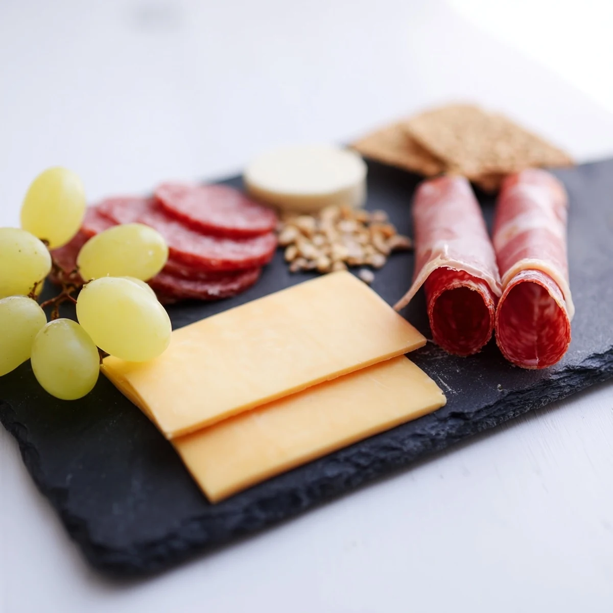 A single serving Charcuterie Board glistens with cheese, meats, and grapes for an easy appetizer.