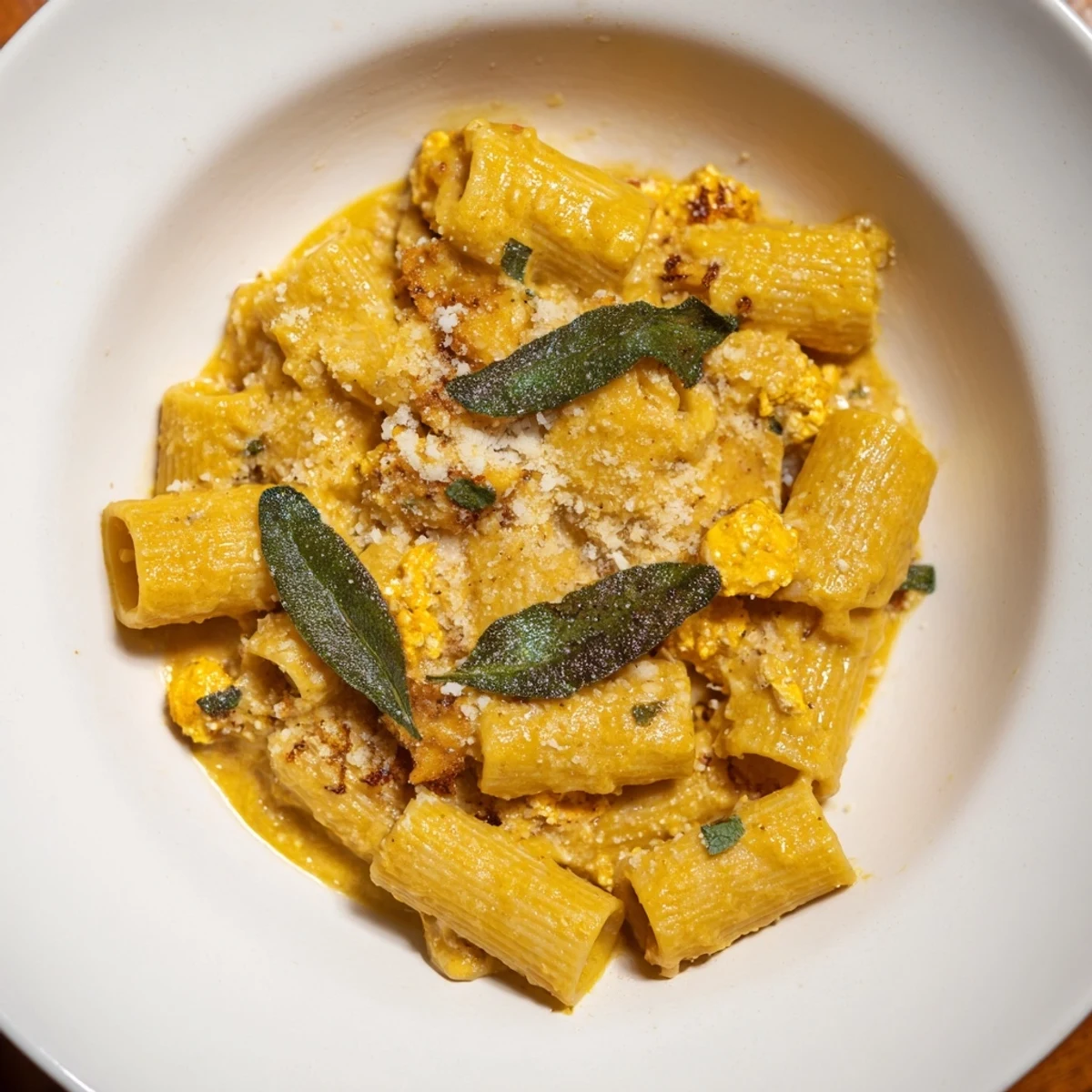 Golden roasted butternut squash and sage goat cheese pasta, ready to serve with crispy sage and cheese.