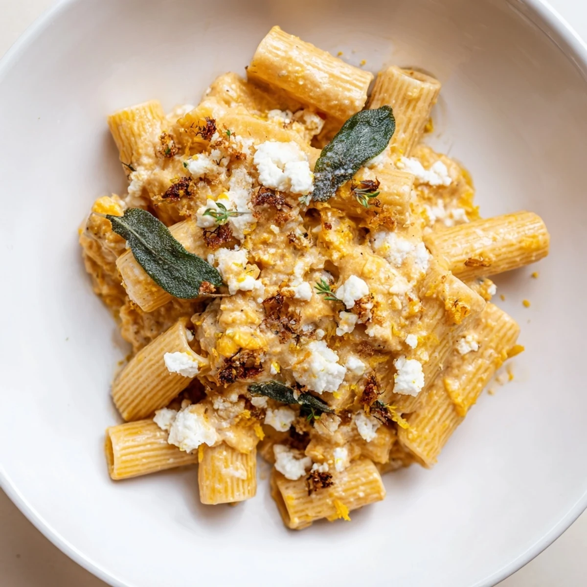 Close-up of creamy roasted butternut squash and sage goat cheese pasta, inviting you to enjoy its flavors.