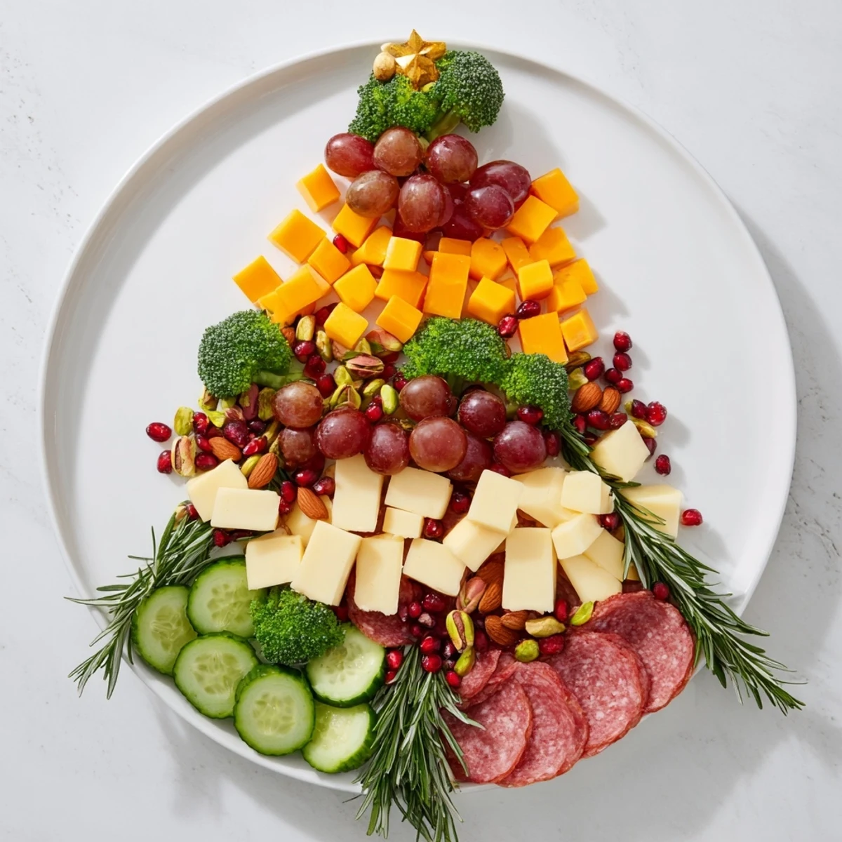 This holiday evergreen tree snack board features vibrant fresh fruits and savory cheeses for easy entertaining.