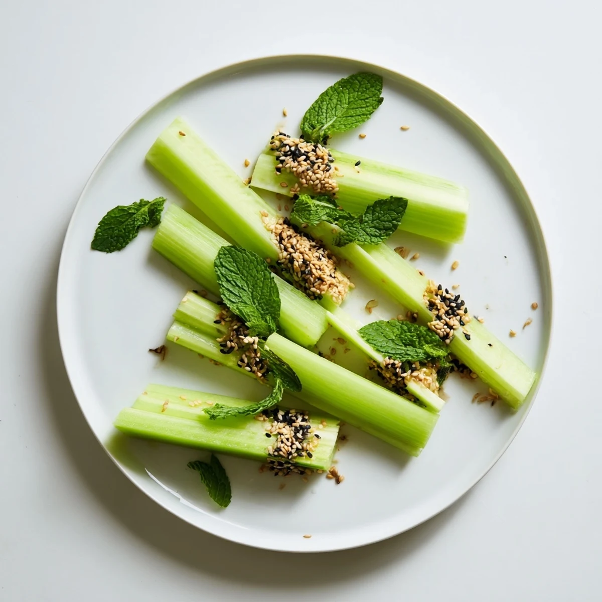 Crisp celery and cucumbers artfully arranged in this stunning Bamboo Zen appetizer, ready to serve.