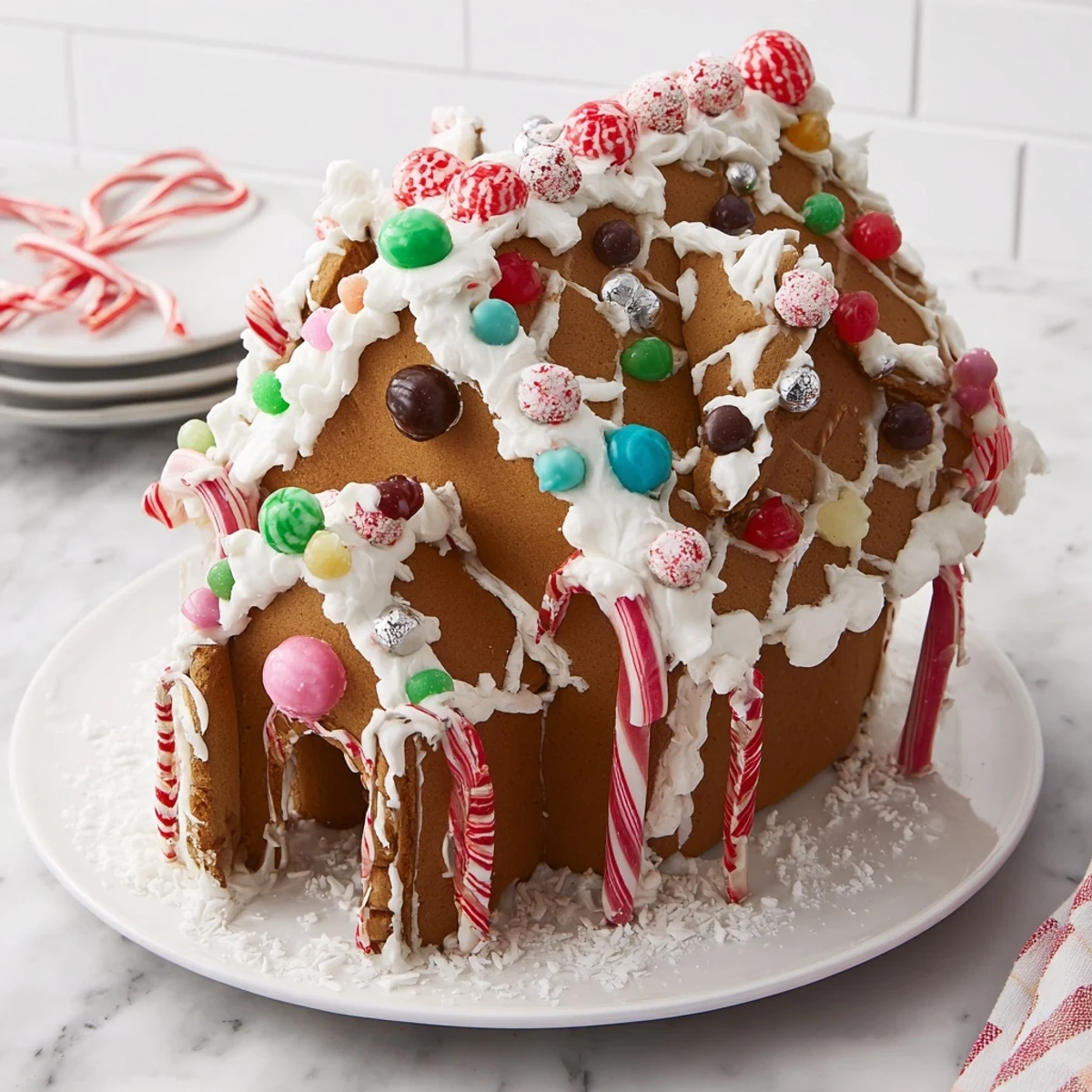 A beautifully decorated gingerbread house with colorful candies looks festive for the holidays.