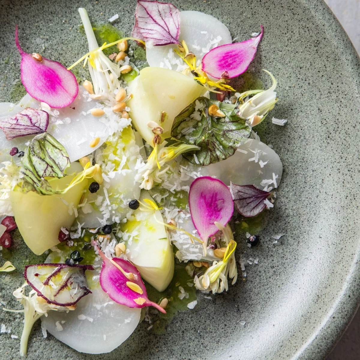 Elegant The Tundra Trek appetizer on chilled stone, a culinary landscape of fresh, crisp vegetables.