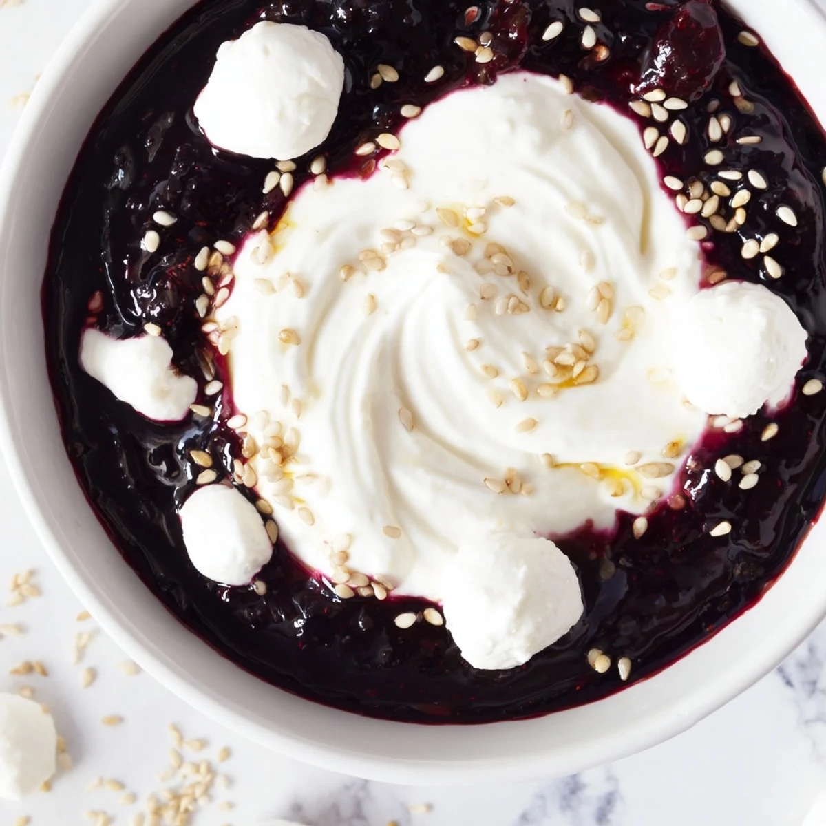 A vibrant Galaxy Spiral dessert with berry swirls, goat cheese stars, and sesame seeds.
