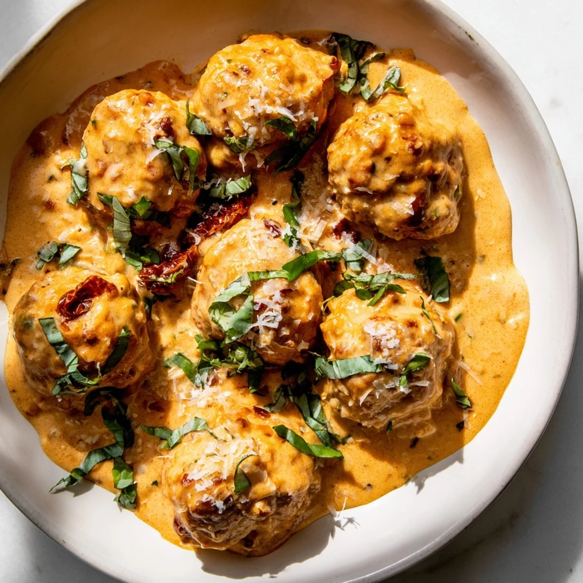 Creamy "Marry Me Chicken Meatballs" bathed in a sun-dried tomato sauce, ready for serving over pasta.