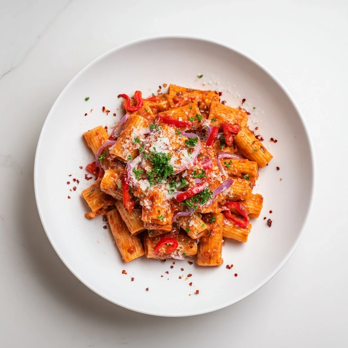 The enticing aroma of spicy one-pot Diavola pasta floods the air, ready to be enjoyed.