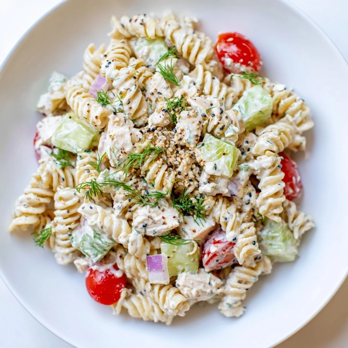 This everything bagel chicken pasta salad showcases a colorful array of ingredients and a tempting cream dressing.