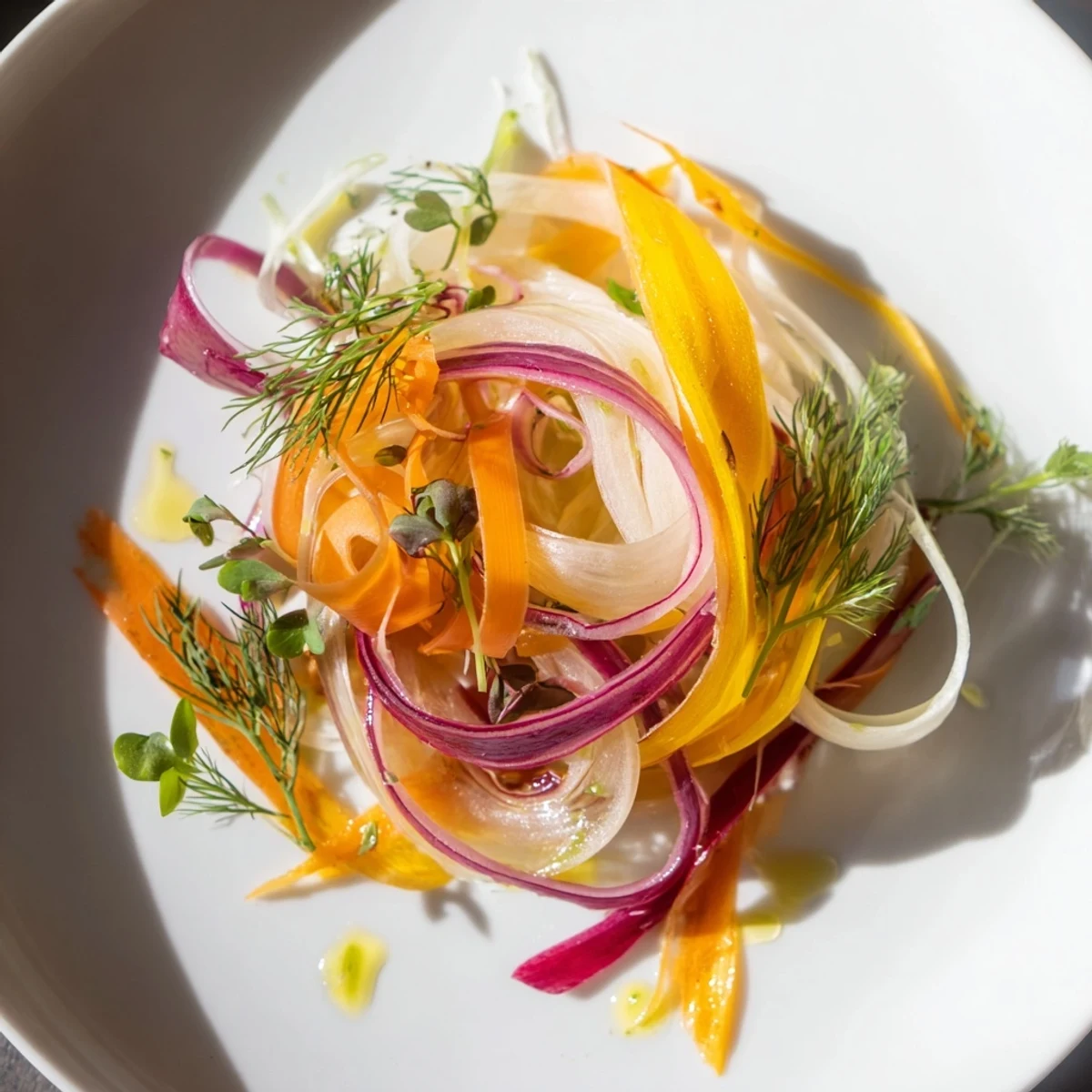 The Spinning Top salad, a vibrant arrangement of shaved vegetables and fresh herbs, ready to be enjoyed.