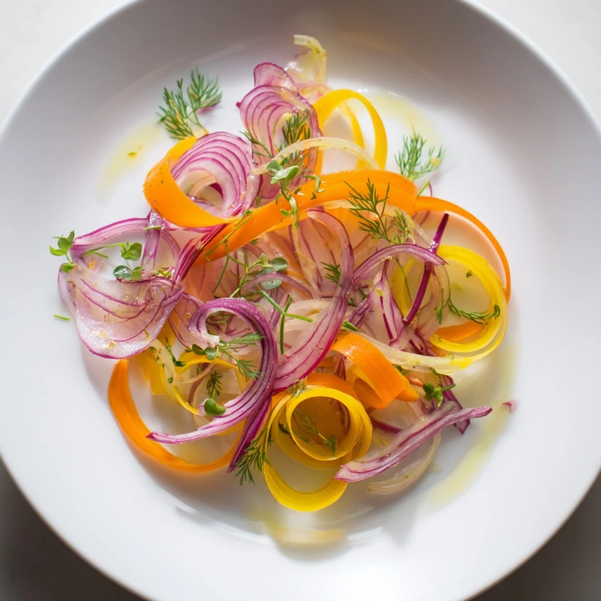 Delicate wisps of carrots and beets create an eye-catching Spinning Top salad with a bright dressing.