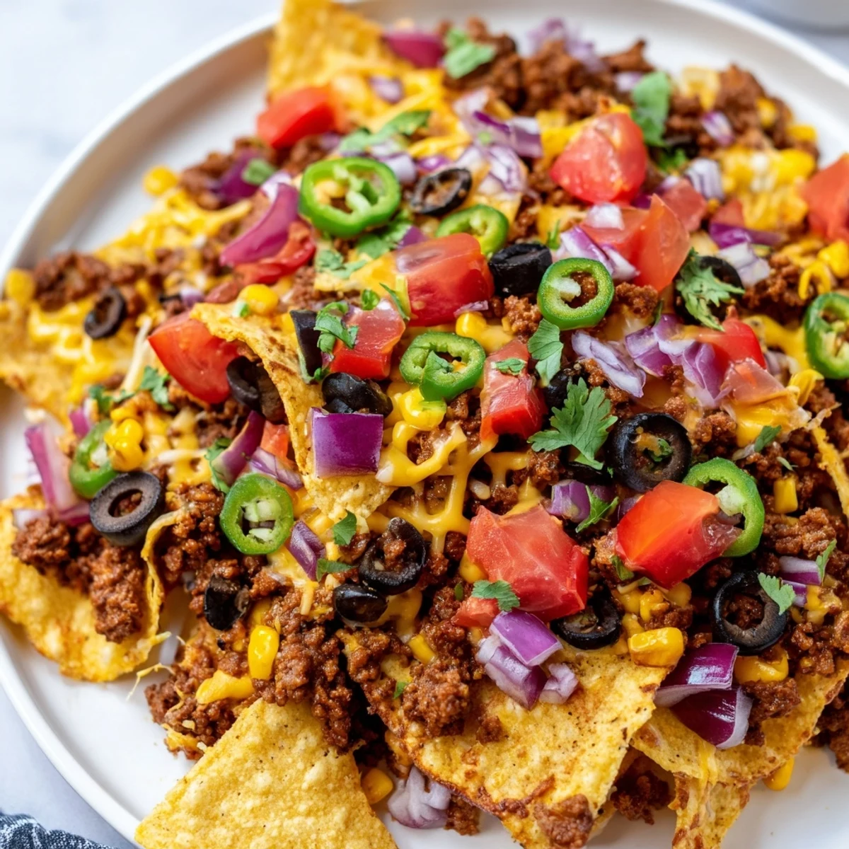 Warm, bubbling easy sheet-pan nachos showcasing perfectly melted cheese over seasoned beef and chips.