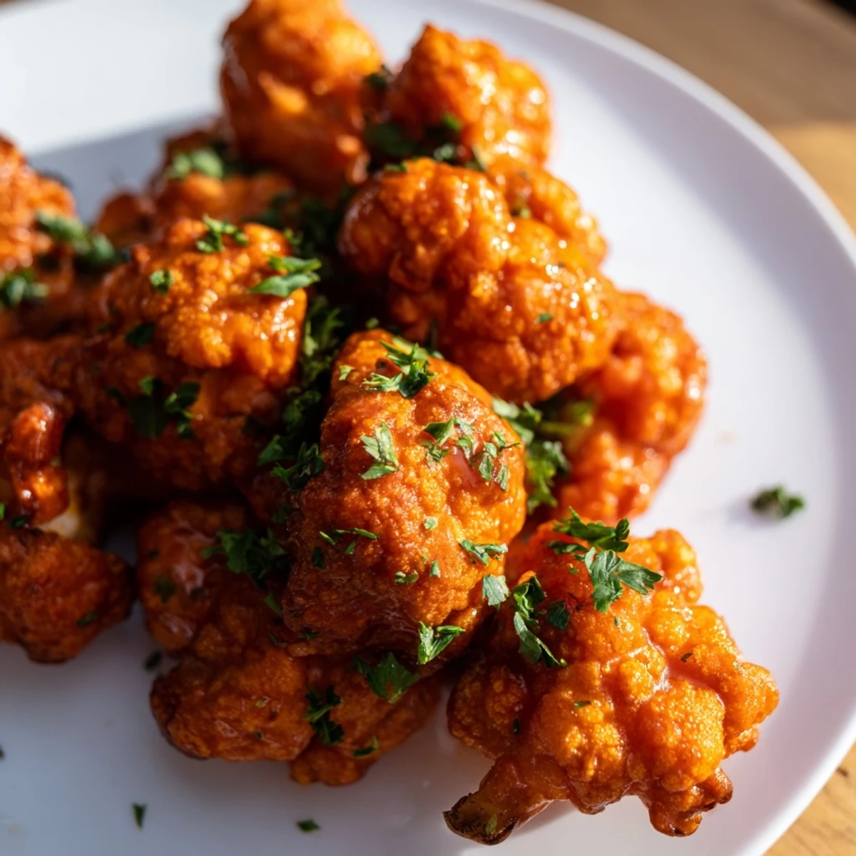 Golden, crispy Sriracha-Buffalo Cauliflower Bites tossed in a vibrant, glossy, spicy sauce ready to serve.