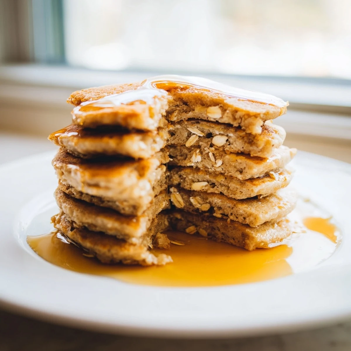 Perfect stack of golden-brown banana oat pancakes, ready to be topped with fresh berries.