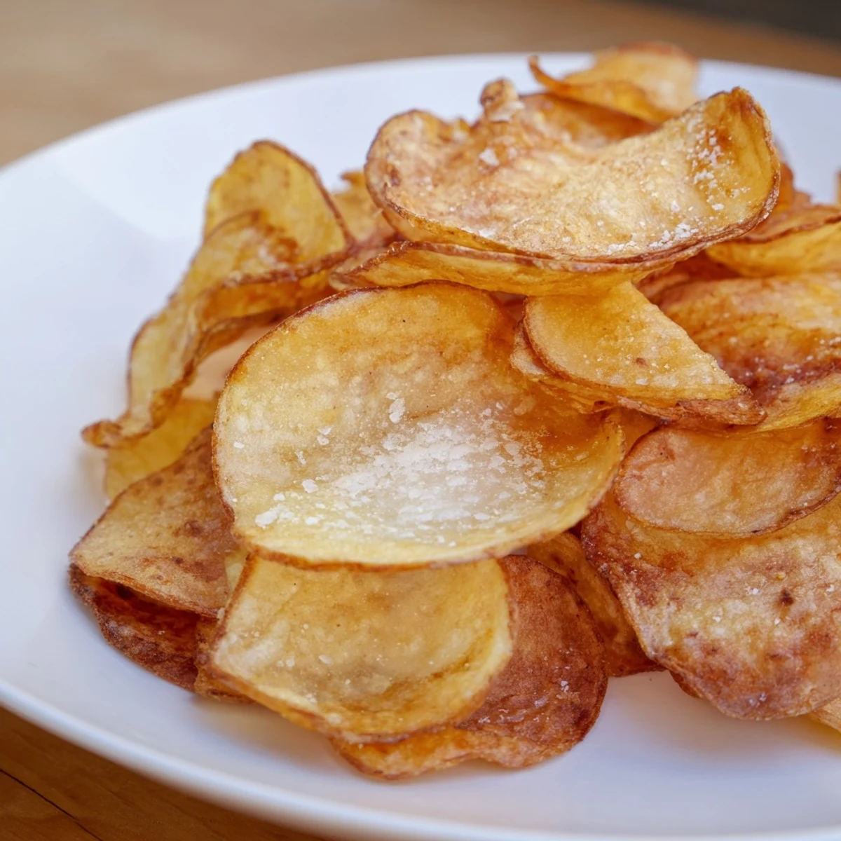 Golden, crispy air-fryer potato chips, perfectly seasoned, waiting to be served for a delicious snack.