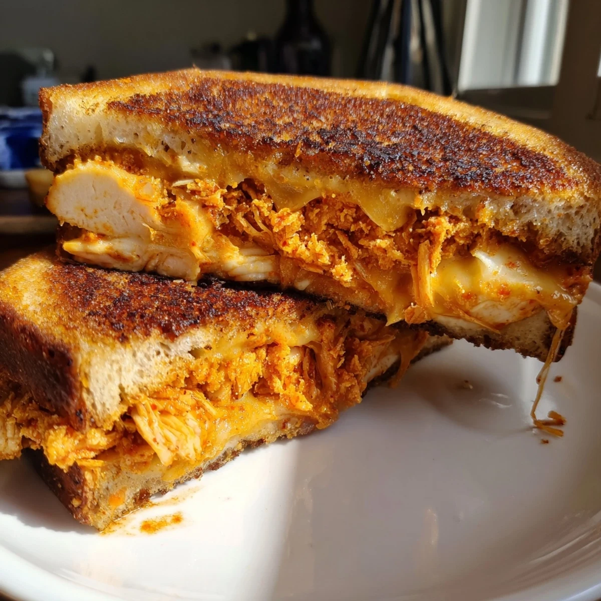 Image 1: Golden-brown Spicy Crispy Chicken Sandwich Grilled Cheese oozes melted cheese, a flavorful, tempting delight.