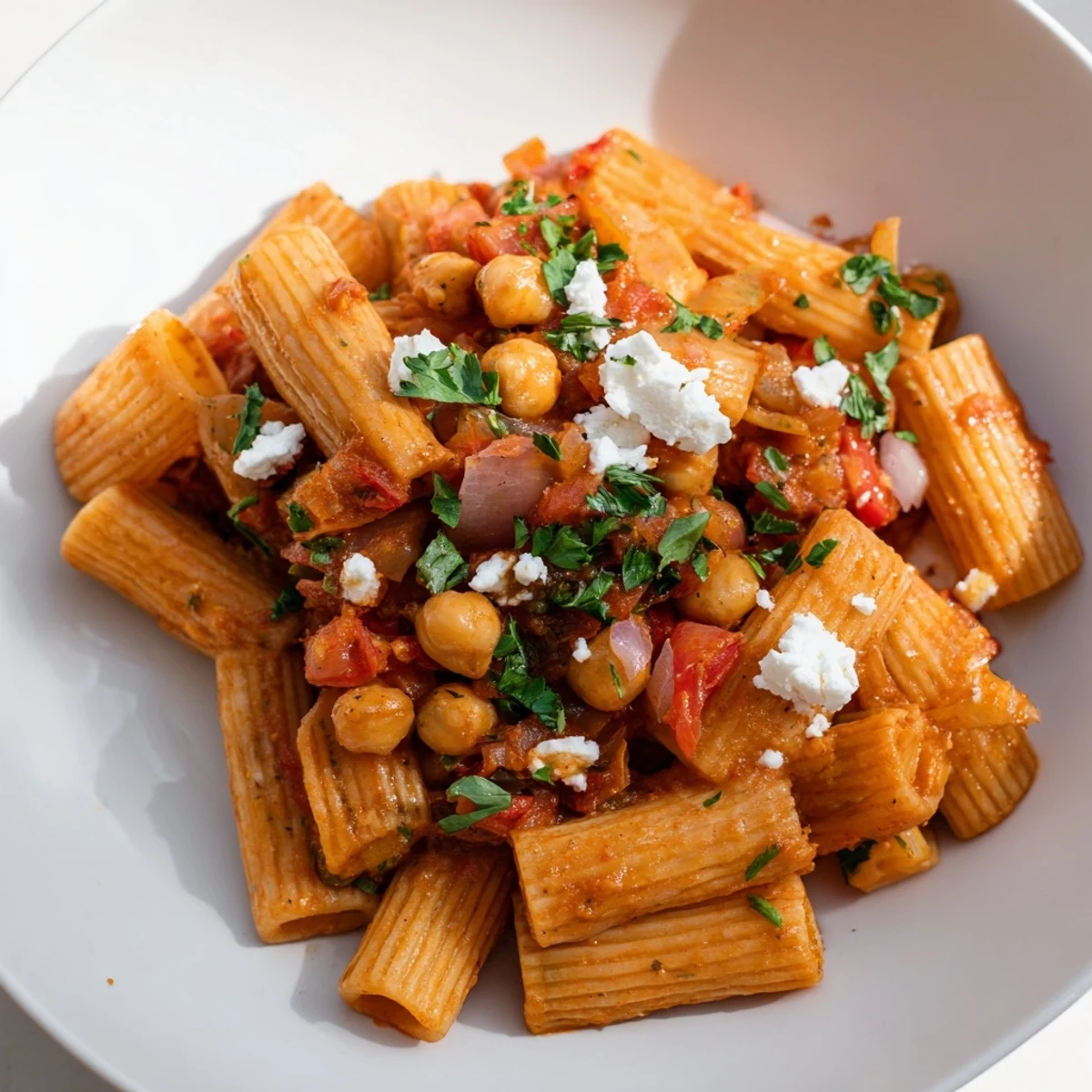 Steaming plate of Harissa Chickpea Pasta, boasting vibrant red sauce, topped with fresh herbs and feta.