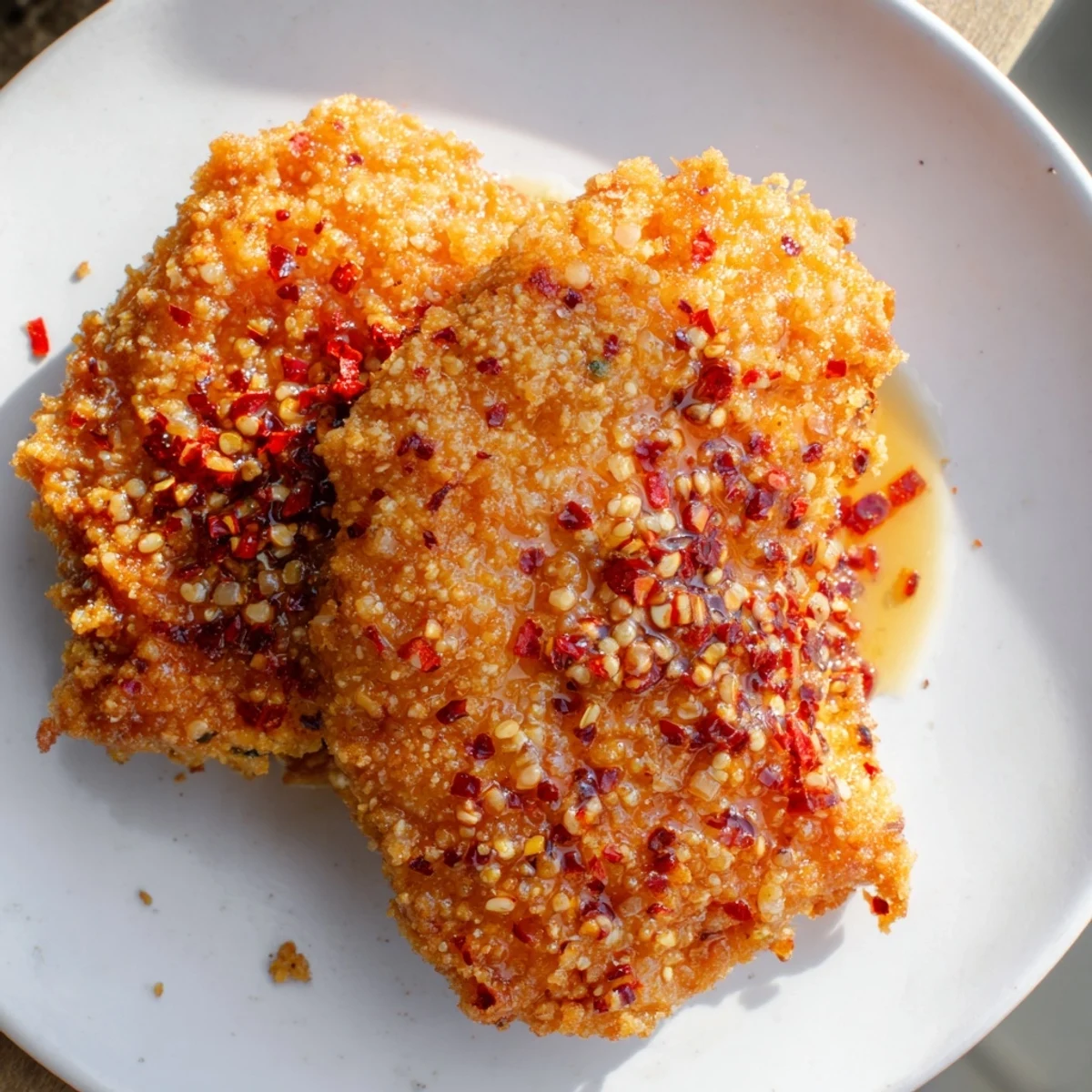 Golden, crispy Hot Honey Crispy Chicken Thighs, perfectly drizzled with a sweet and spicy glaze.