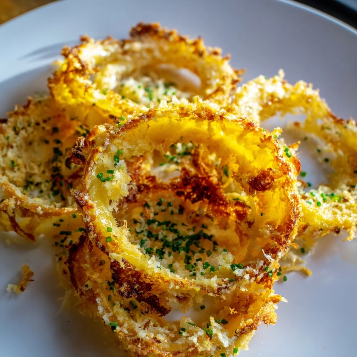 Golden, bubbly Crispy Onion Cheese Chips with melted cheese and crispy onion rings.