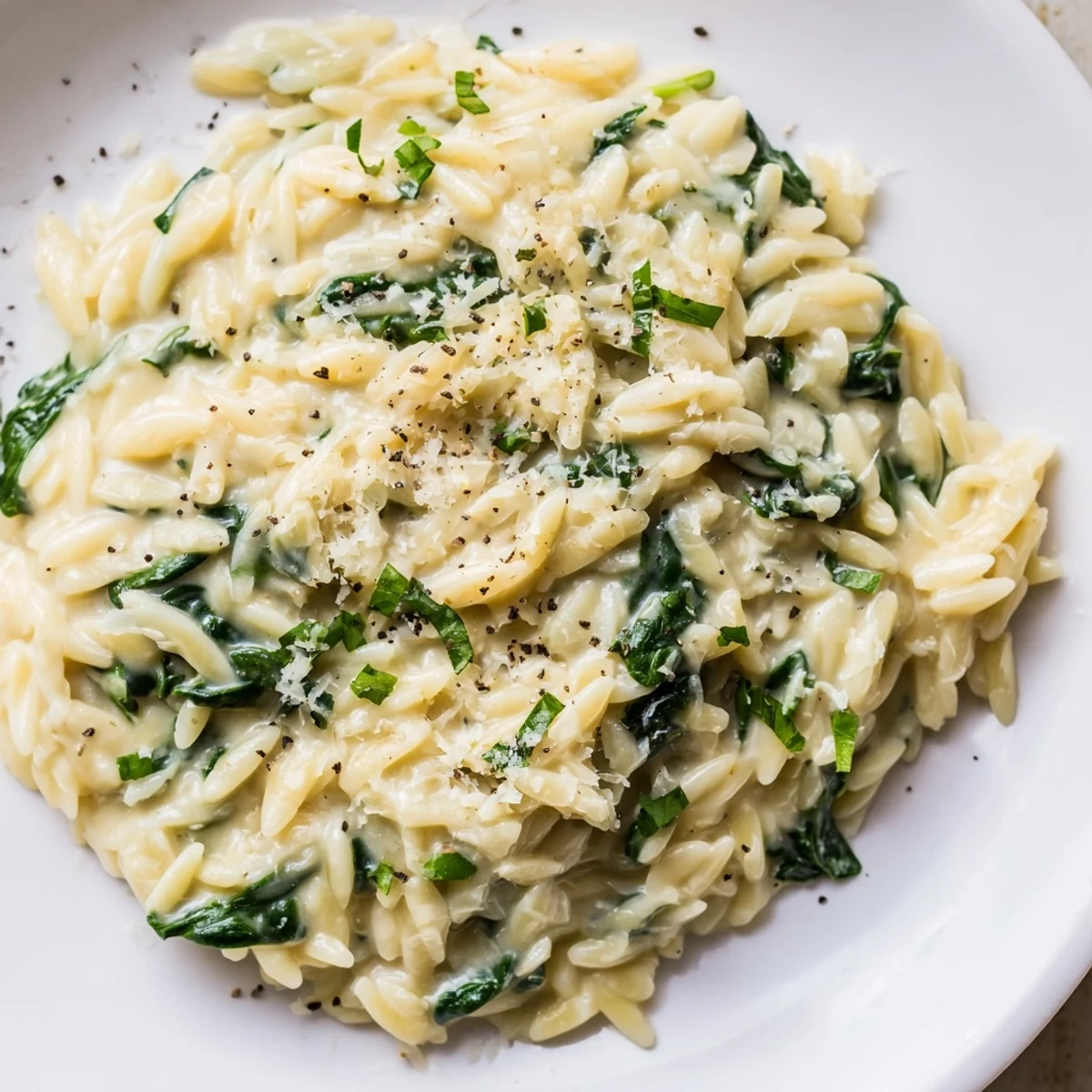 Imagine this: a pan of Creamy Spinach Orzo with fresh spinach and Parmesan, ready to serve and enjoy.