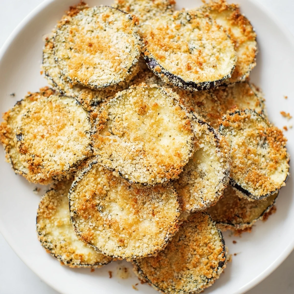 Crunchy Crispy Eggplant Parmesan Chips with a Parmesan and herb crust, perfect for a vegetarian snack or appetizer.