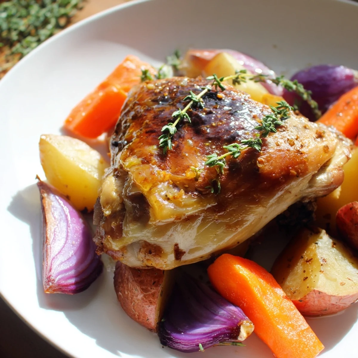 Golden brown Maple Dijon Chicken Thighs with roasted vegetables, a delightful sheet pan dinner ready.
