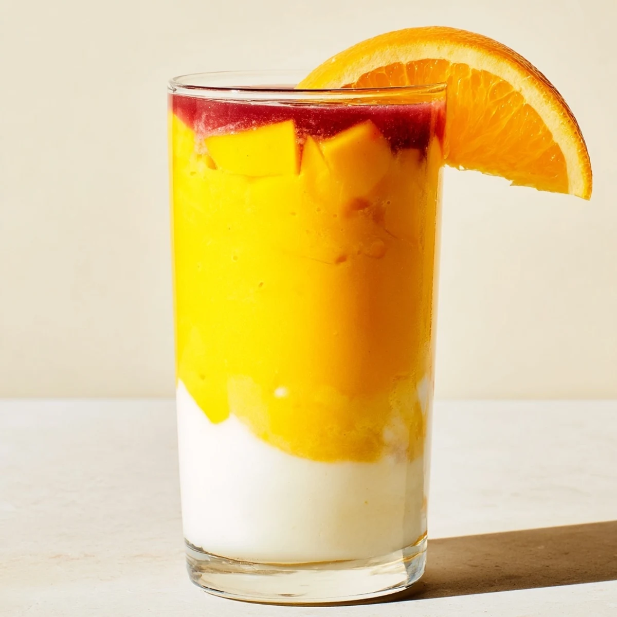 Vibrant layered Tropical Sunset Smoothie, creamy and refreshing with mango, passion fruit, and orange.